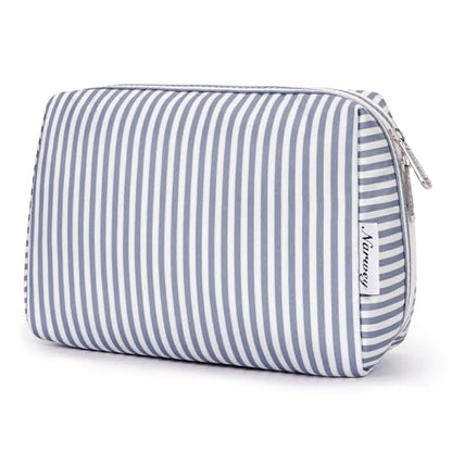 Narwey Striped Makeup Bag Travel Cosmetic Bag Organizer Toiletry Bag Make Up Bags with Compartments for Women Girls (Large, Greyish Blue Stripe) - color: A-Greyish Blue Stripe, style: Large