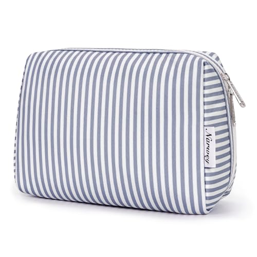 Narwey Striped Makeup Bag Travel Cosmetic Bag Organizer Toiletry Bag Make Up Bags with Compartments for Women Girls (Large, Greyish Blue Stripe) - color: A-Greyish Blue Stripe, style: Large