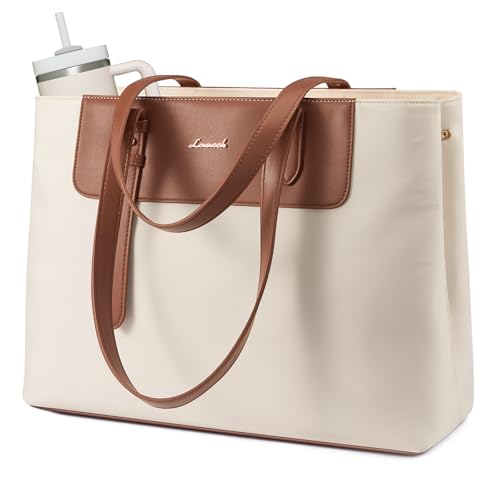 LOVEVOOK Laptop Tote Bag for Women 15.6 Inch, Water-Resistant Work Tote Bag Large Capacity Computer Bag Briefcase Handbag - color: Cream & Brown, size: 17.3Inch