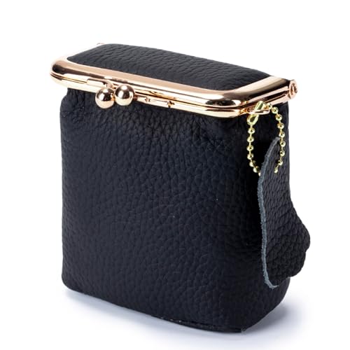Litchi Leather Coin Purse for Women, Portable Vintage Wallet Mini Lipstick Holder Fashion Solid Color Kiss Lock Key Storage Square Pouch (Black) - color: Black