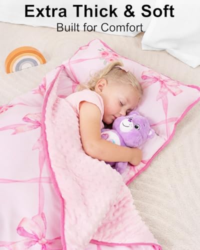 Primlect Thickened Toddler Nap Mat with Removable Pillow and Minky Blanket, Extra Large 55''x35'' Sleeping Bag, Washable, Roll up, Perfect for Daycare, Preschool, Kindergarten, Boys and Girls Bow - color: Pink Bow