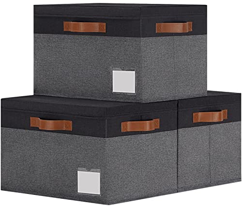 GhvyenntteS Fabric Storage Bins with Lids 3 Pack, Closet Storage Boxes with Lid and 3 Handles, Foldable Storage Baskets with Lids and Label Window for Home Office (Grey&Black, 15" x 11" x 9.7") - color: Grey with Black, size: Large-3 Pack