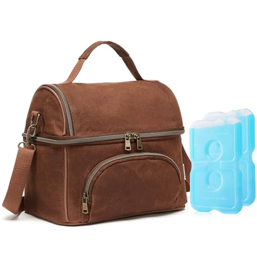 Waxed Canvas Lunch Bag with 2 XL Ice Packs, Canvas Lunch Box, Lunch Cooler for Men Work, 10.5L 2 Compartments Insulated Leakproof Cooler Bags for Camping, Beach and Road Trips - color: Rustic Brown