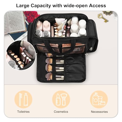 Travel Toiletry Bag for Women, Lightweight Wide-open Toiletries Travel Bag with Handle, Large Cosmetic Organizer with Makeup Brushes Compartment for Essentials for Trip, Camping - Black