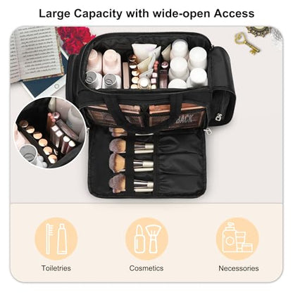 Travel Toiletry Bag for Women, Lightweight Wide-open Toiletries Travel Bag with Handle, Large Cosmetic Organizer with Makeup Brushes Compartment for Essentials for Trip, Camping - Black
