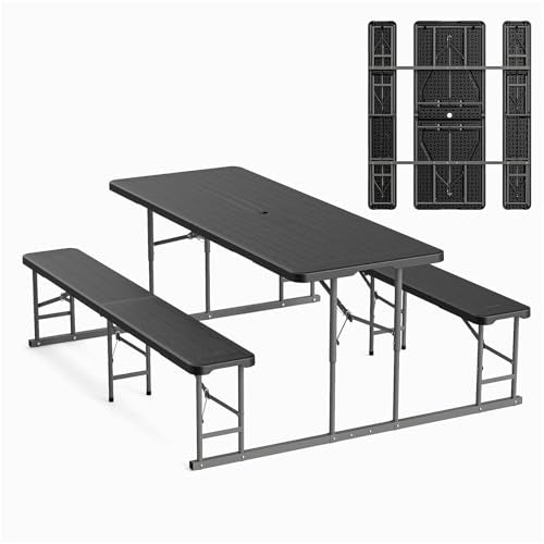 VINGLI Folding Picnic Table and Bench Set, Portable Outdoor Dining Furniture for Camping, Patio, Backyard, Wood Grain Plastic Top with Metal Frame with Kaqi Umbrella - color: Black, style: Standard