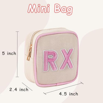 RSRSLEII Small Canvas Rx Medicine Packages, Cute Chenille Letter Patch Drug Makeup Bag with Metal Zipper, Mini Travel First Aid Purse Organizer Machine Washable (04Light-Pink) - color: 04Light-Pink