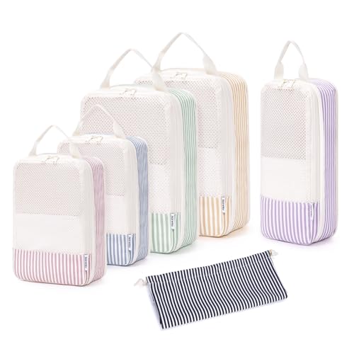 Narwey 6 Set Compression Packing Cubes for Travel Women Men, Travel Cubes for Carry On Suitcase, Durable Compression Luggage Organizer Bags - color: ZY-Stripe Combined