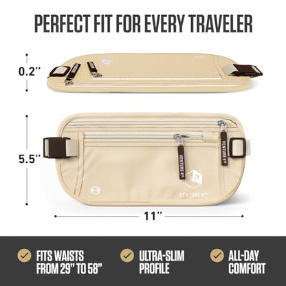VENTURE 4TH Money Belt for Travel – Slim Hidden Under-Clothes RFID Blocking Anti-Theft Passport Holder & Travel Wallet Pouch for Men & Women to Protect Cash, Cards & Documents (Beige) - color: Beige