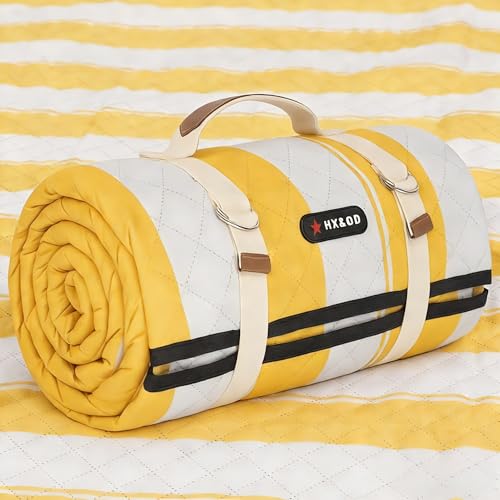 HX&OD Extra Large Picnic Outdoor Blanket, 80”x80” Waterproof Picnic Mat Foldable Camping Blanket Portable with Carry Strap for Beach Mat Outdoor Camping Party(Yellow) - color: Yellow&white, size: 80 x 80 inches