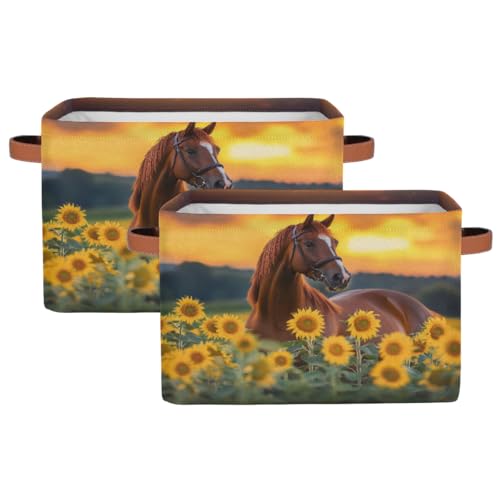 AUUXVA Animal Horse Sunflower Square Storage Basket Bin Canvas Fabric Compressible Organizer Basket with Handle for Bedroom Nursery Office, 2 PCS - color: Horse, size: 2 pcs