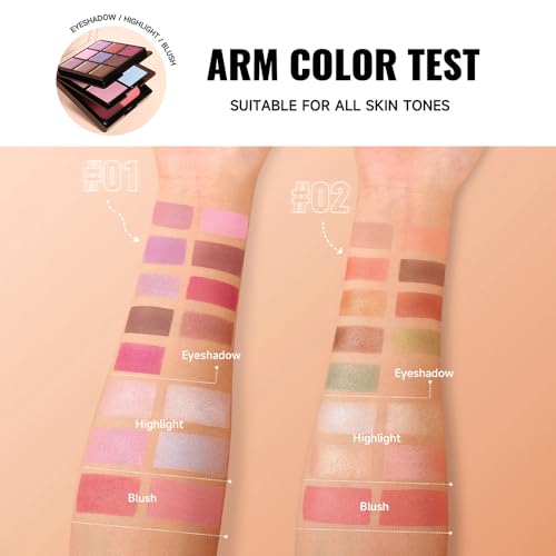 All-in-One Makeup Palette – 9 Color Matte & Pearlescent Eyeshadow, 4 Color Shimmer Highlighter, 2 Color Buildable Blush – Long Lasting, Blendable Face & Eye Makeup Kit (02#, 1 Count (Pack of 1)) - color: K02