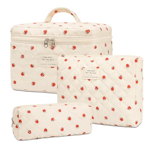honitty Makeup Bag,Quilted Cosmetic Bags,Large Floral Make Up Organize bag,Makeup Bag Set for Women,Flower Travel Toiletry Bag - color: Strawberries