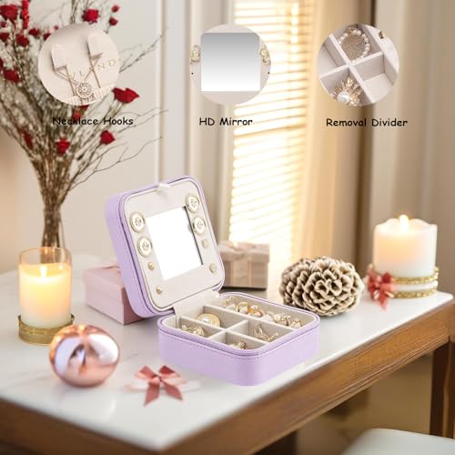 Vlando Small Travel Jewelry Box Organizer - Mirrored Carry-on Jewelries Necklaces Rings Earrings Necklace Storage Case, Purple - color: a. Purple