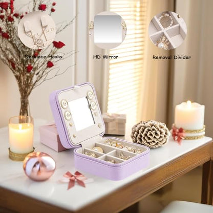 Vlando Small Travel Jewelry Box Organizer - Mirrored Carry-on Jewelries Necklaces Rings Earrings Necklace Storage Case, Purple - color: a. Purple