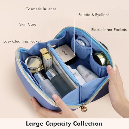 Prite Makeup Bag for Women Travel Waterproof Vegan Leather Cosmetic Bag Open Flat Toiletry Bag With Clear Divider and Handle (Blue, Medium) - color: Blue, size: Medium