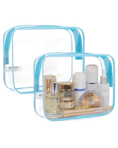 BAGSMART Clear Toiletry Bag, 2 Pack TSA Approved Travel Toiletry bag Carry on Travel Accessories Bag Airport Airline Quart Size Bags Water Repellent Makeup Cosmetic Bag for Women (Blue-2Pcs) - color: Distinct Blue, size: 2 Pack, Medium