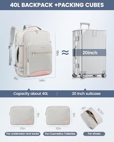 LOVEVOOK 40L Travel Backpack Flight Approved Carry on Backpack,3 Packing Cubes,Waterproof Personal Item Travel Bag,TSA Carry on Luggage Suitcase Travel Essentials,Gifts for Women & Men,fits 17" Laptop - color: Beige - Chestnut Brown, size: Large-40L-4Pcs