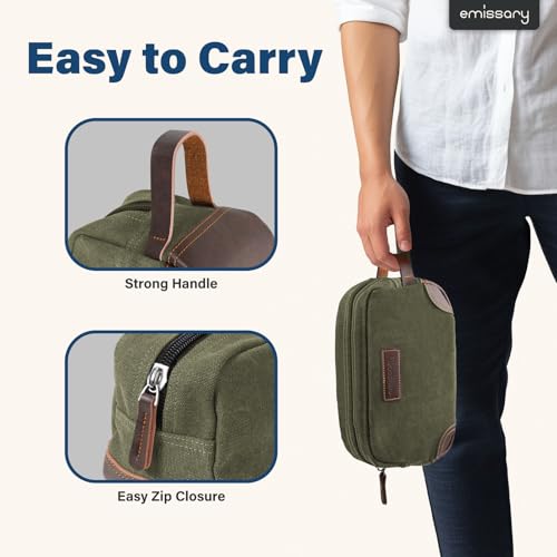 Emissary Men's Leather and Canvas Travel Toiletry Dopp Kit, Shaving Bag (Dark Green) - color: Dark Green