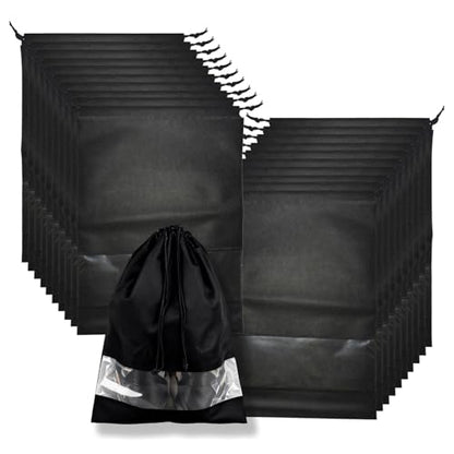 20 Pack Shoe Bags for Travel, 17" x 12.6" Drawstring Shoe Organizers with Clear Window, Breathable Non-Woven Dustproof Pouches for Luggage & Closet (Black) - color: Black