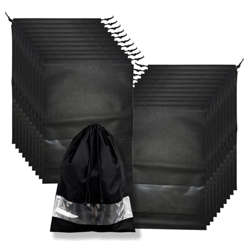 20 Pack Shoe Bags for Travel, 17" x 12.6" Drawstring Shoe Organizers with Clear Window, Breathable Non-Woven Dustproof Pouches for Luggage & Closet (Black) - color: Black