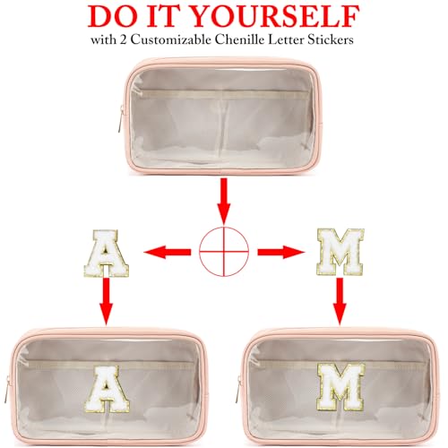 Fammart Clear Makeup Bag with 2 Customizable Chenille Letters - Waterproof PU Leather Cosmetic Case, Large Personalized Toiletry Pouch for Women & Teens, Ideal for Travel & Gift - color: Clear, Large - Pink