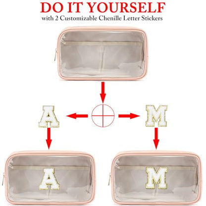 Fammart Clear Makeup Bag with 2 Customizable Chenille Letters - Waterproof PU Leather Cosmetic Case, Large Personalized Toiletry Pouch for Women & Teens, Ideal for Travel & Gift - color: Clear, Large - Pink