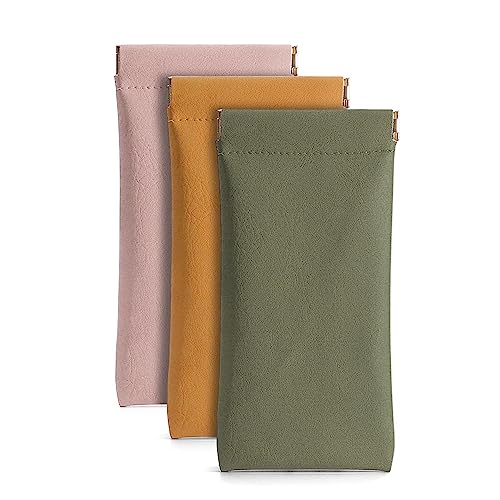 3 Pack Leather Eyeglasses Cases PU Soft Sunglasses Pouch Squeeze Top Portable Glasses Cases for Men Women - color: Pink Yellow Green