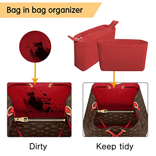 Felt Tote Bag organizer with Zipper Small Purse Organizer Insert With 2 Packs fits NeoNoe Series,Red - color: Red