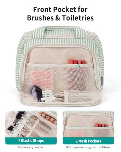 Narwey Striped Travel Toiletry Bag for Women Large Makeup Bag, Wide-open Cosmetic Make Up Organizer with Handle, Travel Bag for Toiletries, Essentials, Accessories (Mint Green Stripe) - color: Y-Mint Green Stripe