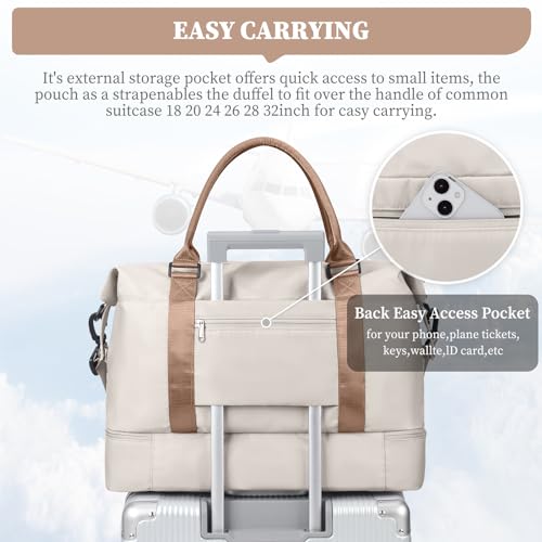 Weekender Bags for Women,Overnight Travel Duffel Bag with Shoes Compartment& Toiletry Bag,Extra Large(Beige & Brown) - color: Beige & Brown, size: Extra Large