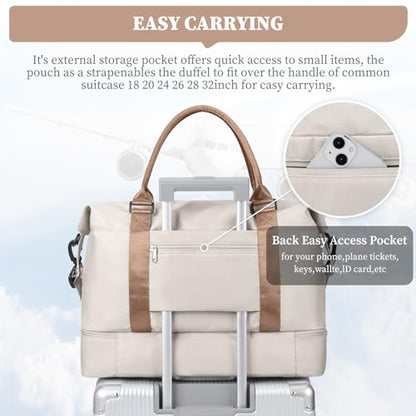 Weekender Bags for Women,Overnight Travel Duffel Bag with Shoes Compartment& Toiletry Bag,Extra Large(Beige & Brown) - color: Beige & Brown, size: Extra Large