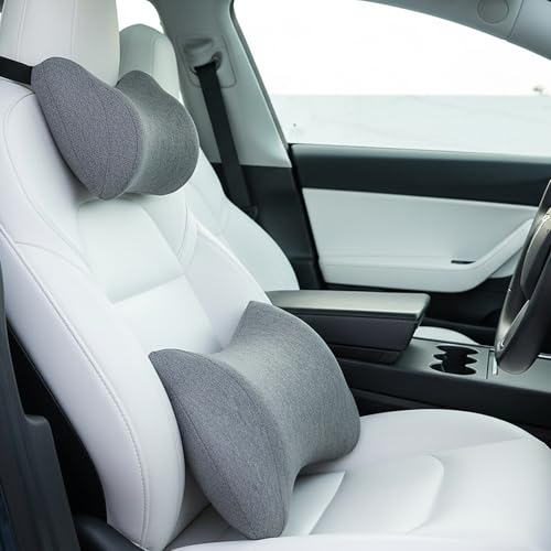 Lumbar Support Pillow for Car, Car Neck Pillow Kit for Pain Relief with Adjustable Strap, Car Headrest Pillow Ergonomic Design for Comfort - color: Grey