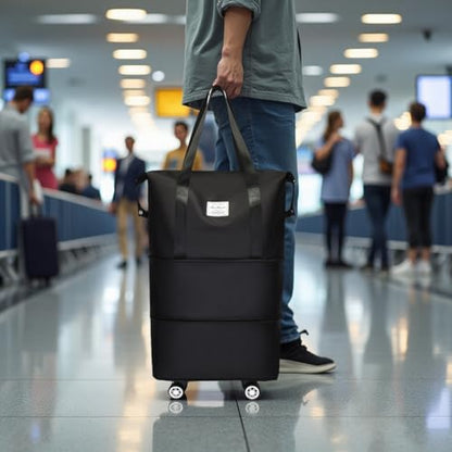 Expandable Foldable Duffel Bag with Detachable Wheels, 64L Large Capacity Rolling Travel Duffle Bag, Lightweight Carry on Luggage with Spinner Wheels, Weekend Gym Tote Bag (Black) - color: Black