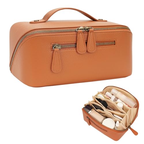 Travel Makeup Bag Large Capacity Cosmetic Bags for Women Waterproof Make up Organizer Toiletry Bag Open Flat Portable with Divider with Handle Pouch (Brown, 2L) - color: Brown, size: 2L