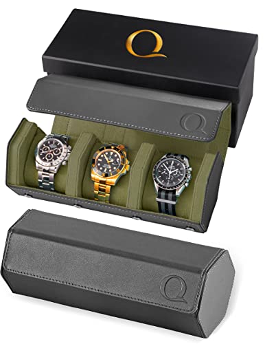 QWATCHBANDS Napa Leather Watch Rolls for Men - Hexagon Triple Watch Roll Travel Case for 3 Watches - Storage Organizer Genuine Leather with Velvet Interior Display (Gray/Green) - color: 3 - Grey / Green