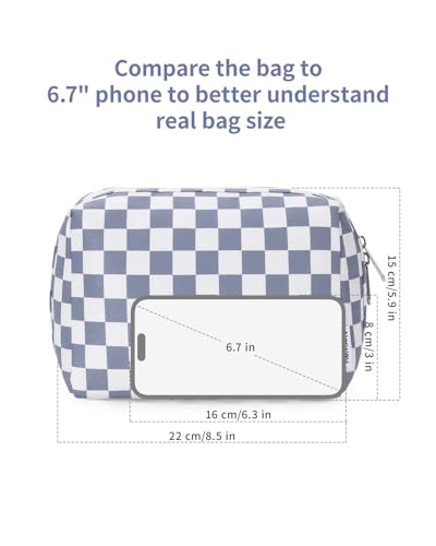 Narwey Checkered Makeup Bag Travel Cosmetic Bag Organizer Toiletry Bag Make Up Bags with Compartments for Women Girls (Large, Grayish Blue Checkerboard) - color: YB-Grayish Blue Checkerboard, style: Large