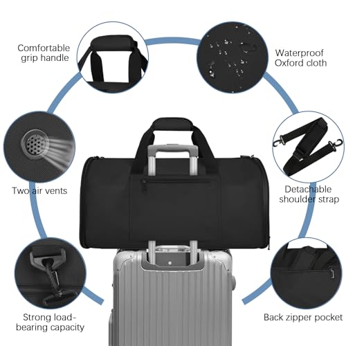 Garment Bags for Travel,50L Carry on Convertible Garment Duffle bag with Shoulder Strap,3 in 1 Hanging Suit Travel Bag with Shoulder Strap - color: Black