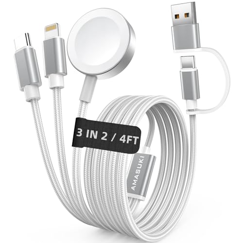 Travel Essentials,3 in 2 USB C Cable for Apple Watch Charger,iPhone Charger,Multi Charging Cable,Cruise Vacation Camping Essentials,Portable for iWatch Series 11-2/Ultra/SE & iPhone 17-12,Car,White - color: White, size: 1pack-4ft