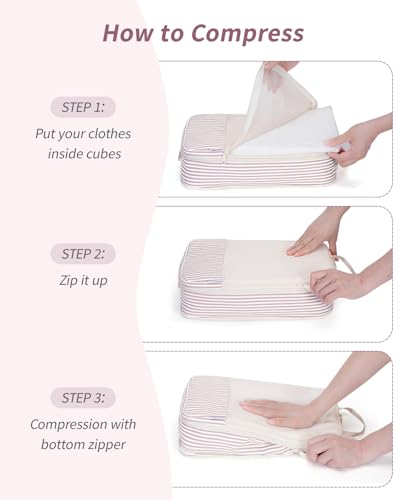 Narwey 6 Set Compression Packing Cubes for Travel Women Men, Travel Cubes for Carry On Suitcase, Durable Compression Luggage Organizer Bags - color: ZY-Dusty Pink Stripe