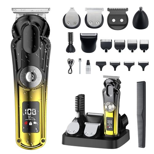 20 Piece Hair Clipper Beard Trimmer for Men, All-in-One Men's Grooming Kit for Nose,Ear,Body,Mustache, Cordless Electric Shaver Razor with IPX6 Waterproof,120-Min Runtime,LED Display - color: Gold