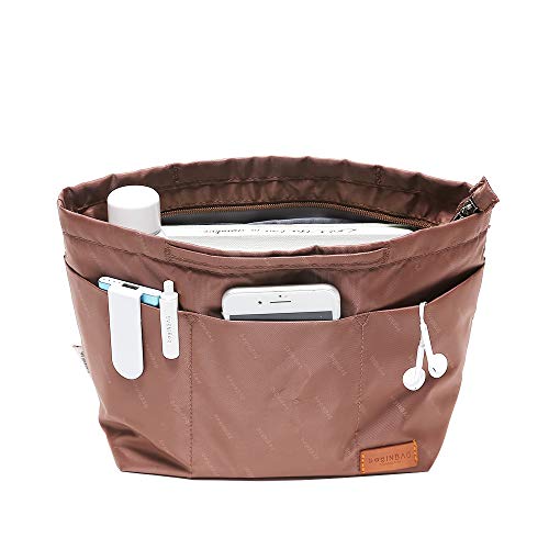 iN. Purse Organizer Insert with zipper, Nylon fabric Storage Bag with handles, for womens Handbags & Tote bags, neverfull, lightweight medium sized Brown - color: brown, size: Medium: 15.7"(Top)/12.2"(Bottom) L × 4.7"W × 8.3"H