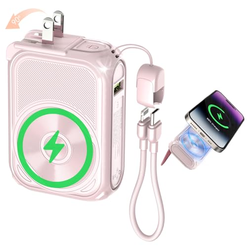 P05 Portable Charger, Magnetic Power Bank, Small Wireless PowerBank,Emergency Battery Pack 10000mAh Travel Essentials Fast Charging with Built in Cable, Wall Plug for iPhone,Samsung,Andriod (Pink) - color: Pink