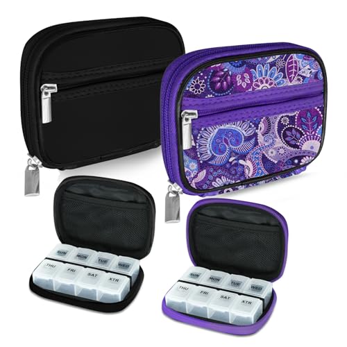 Serfeymi Weekly Travel Pill Organizer Pill Case for Purse with Removable 7 Day Pill Box, Fashionable Travel Medicine Organizer Pill Container for Medicine, Vitamin, Supplement - Black 01 + Purple 01 - color: C. Black 01 + Purple 01, size: 2 Cases + 2 Boxe