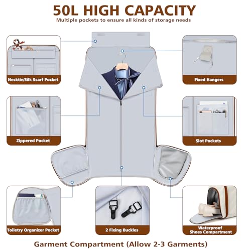 Rolling Garment Bags for Travel - Carry on Convertible Garment Duffle Bags with Wheels for Men Women, 4 in 1 Large Travel Duffel Bags with Shoes Compartment Hanging Suit Dress Weekender Bag 4pcs Set - color: Beige