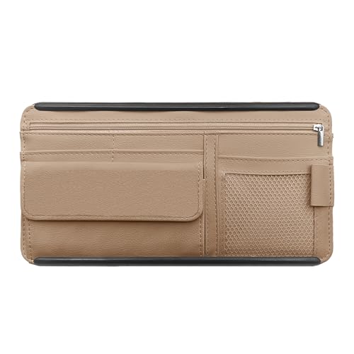 Car Sun Visor Storage Bag, Soft Leather Surface Organizer, Scratch-Resistant Auto Sunshade Organizer Bag, Can Store ID Card, Eyeglasses, Pen, Driving License etc (Beige) - color: Beige