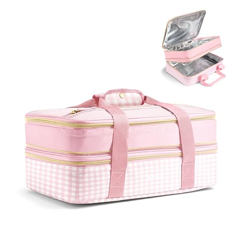 Fit & Fresh Insulated Casserole Carrier - Double Decker Food Carrier Fits Two 9x13 Dishes, Expandable Hot & Cold Food Transport Bag with Zipper Pocket for Potluck, Easter & Travel, Pink Gingham - color: Pink Gingham