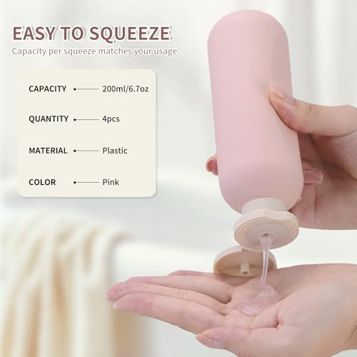 Empty Shampoo Bottles 6.7oz - Large Size Refillable Plastic Liquids Toiletry Containers - Empty Leak Proof Lotion Toiletries Dispenser - Pink Flip Cap Top Body Wash and Cosmetic Set 4 Pack - color: Pink