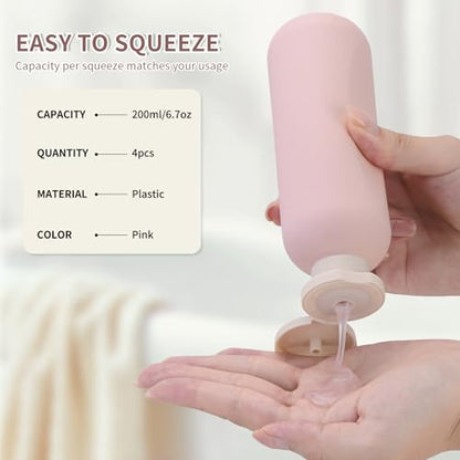 Empty Shampoo Bottles 6.7oz - Large Size Refillable Plastic Liquids Toiletry Containers - Empty Leak Proof Lotion Toiletries Dispenser - Pink Flip Cap Top Body Wash and Cosmetic Set 4 Pack - color: Pink