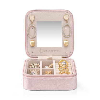 VLANDO Small Travel Jewelry Box Organizer Display Case for Rings Earrings Necklaces Storage, Selected Soft Velvet, Letter E Engraved, Pink - color: b. Powder Pink E